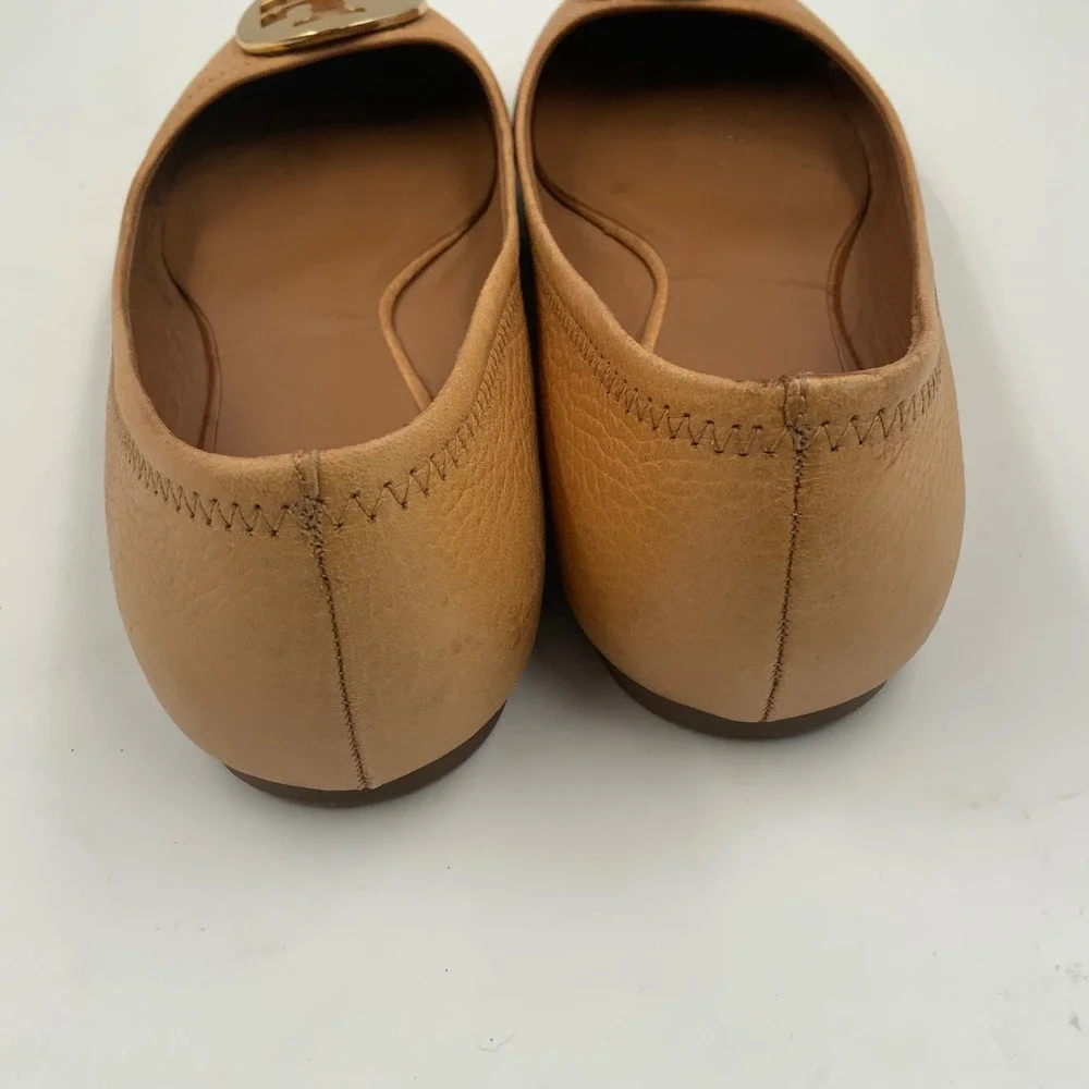 Tory Burch Tan Leather Ballet Flats with Gold Logo Medallion - Classic